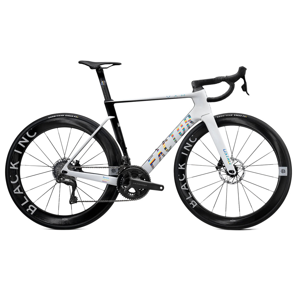 White bicycle with black wheels on a white background