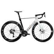 White bicycle with black wheels on a white background
